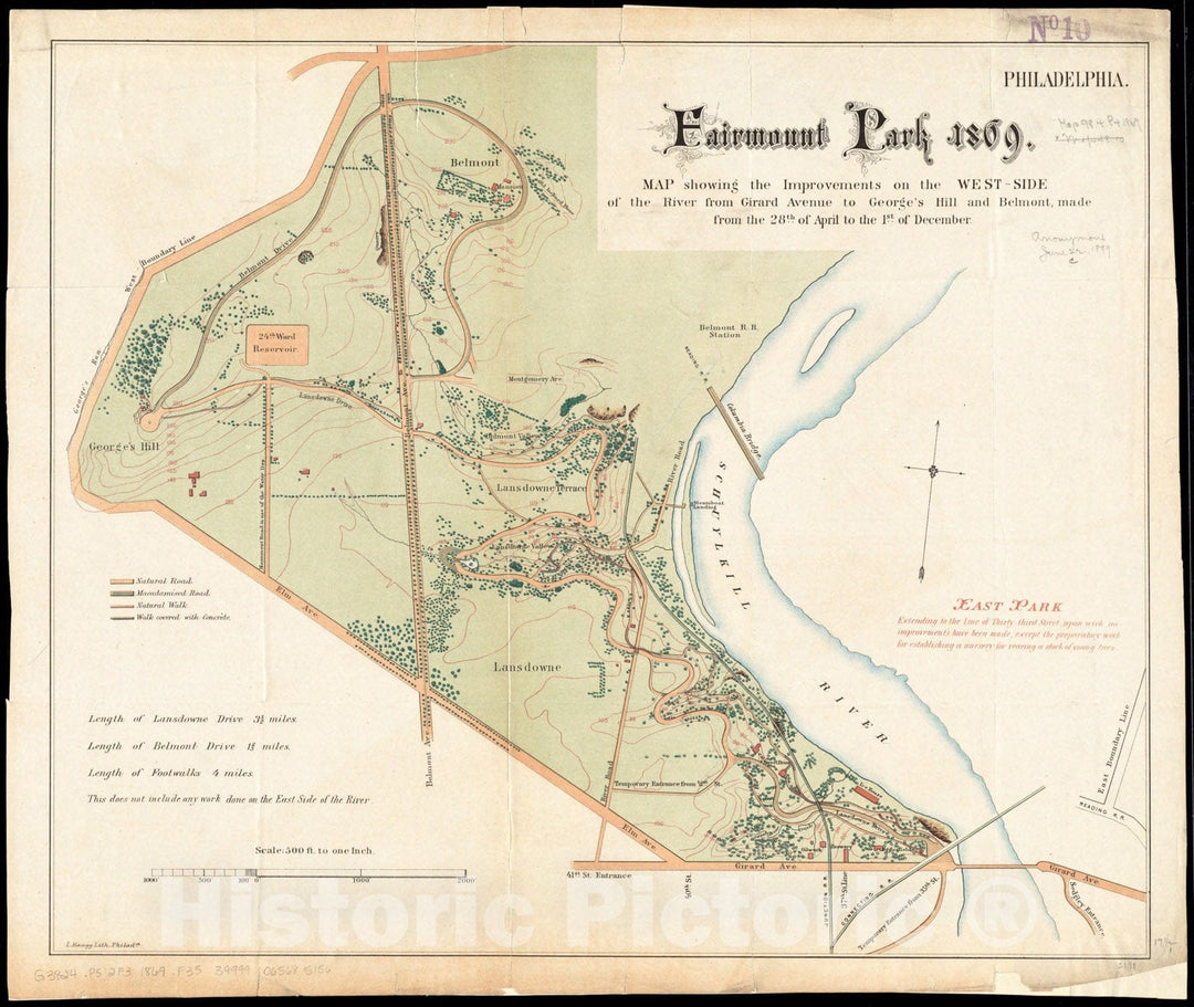 Historical Map, Fairmount Park 1869 : map Showing The improvements on The west-Side of The River from Girard Avenue to George's Hill and Belmont, Made from The 28th, Vintage Wall Art