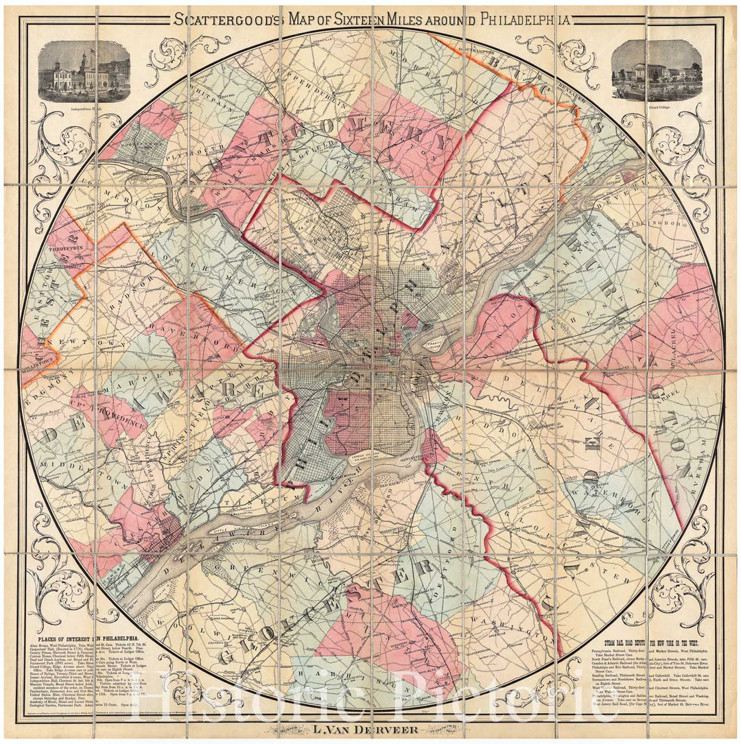 Historical Map, 1876 Scattergood's map of Sixteen Miles Around Philadelphia, Vintage Wall Art