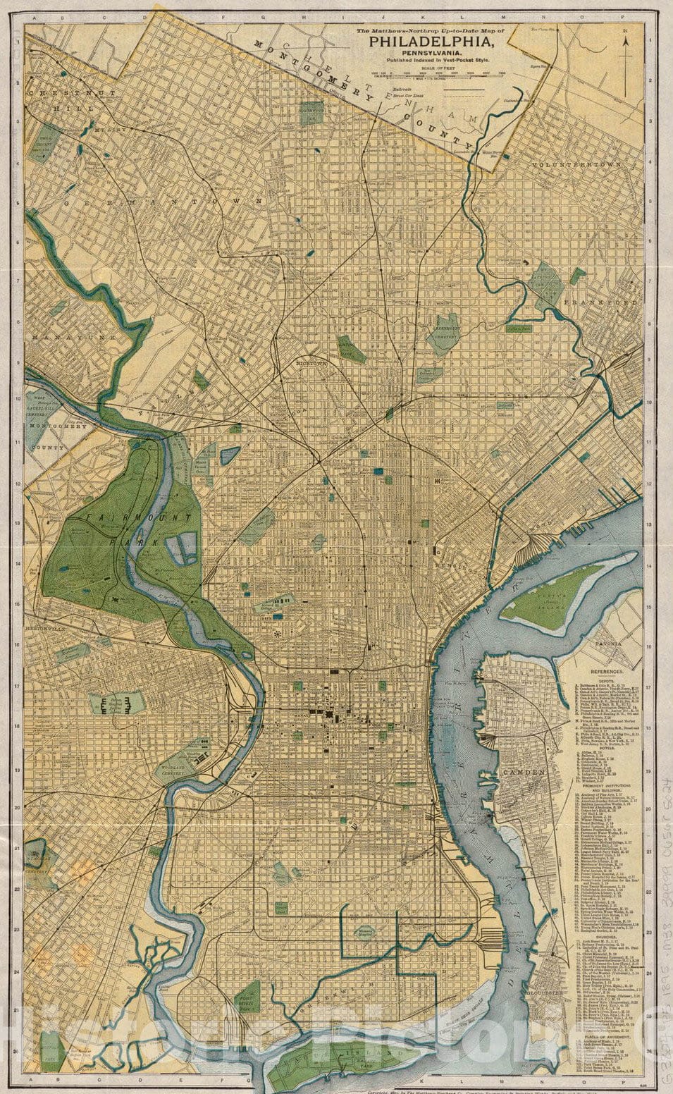 Historical Map, ca. 1895 The Matthews-Northrup up-to-Date map of Philadelphia, Pennsylvania, Vintage Wall Art