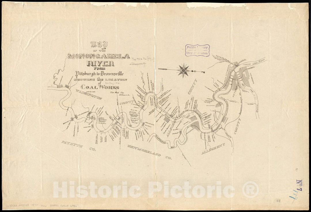 Historical Map, 1870-1879 Map of The Monongahela River from Pittsburgh to Brownsville Showing The Location of Coal Works, Vintage Wall Art