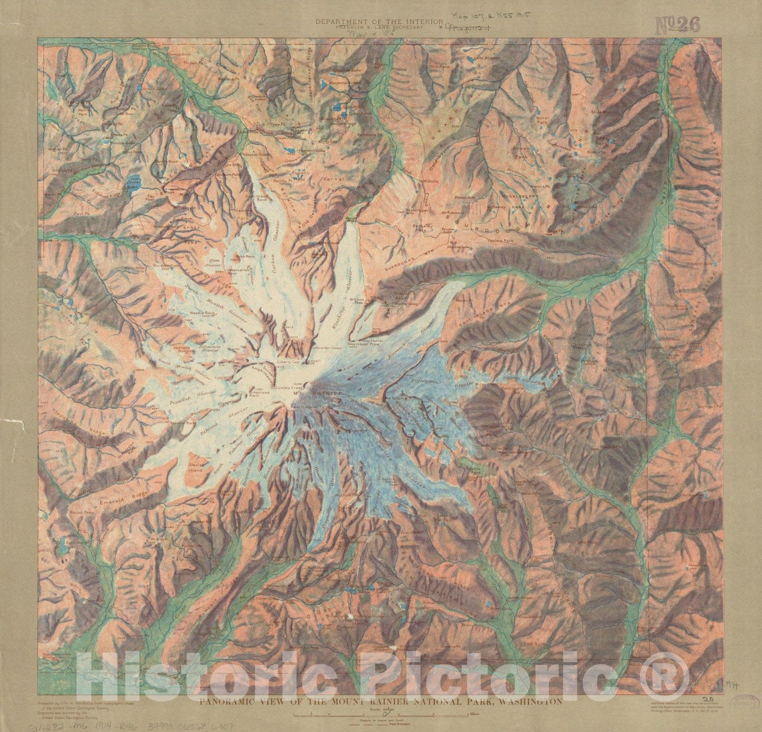 Historical Map, 1914 Panoramic View of The Mount Rainier National Park, Washington, Vintage Wall Art