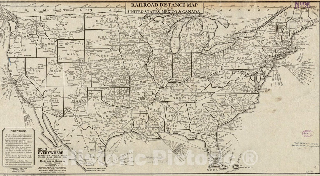 Historical Map, ca. 1917-1919 Railroad Distance map of The United States, Mexico & Canada, Vintage Wall Art