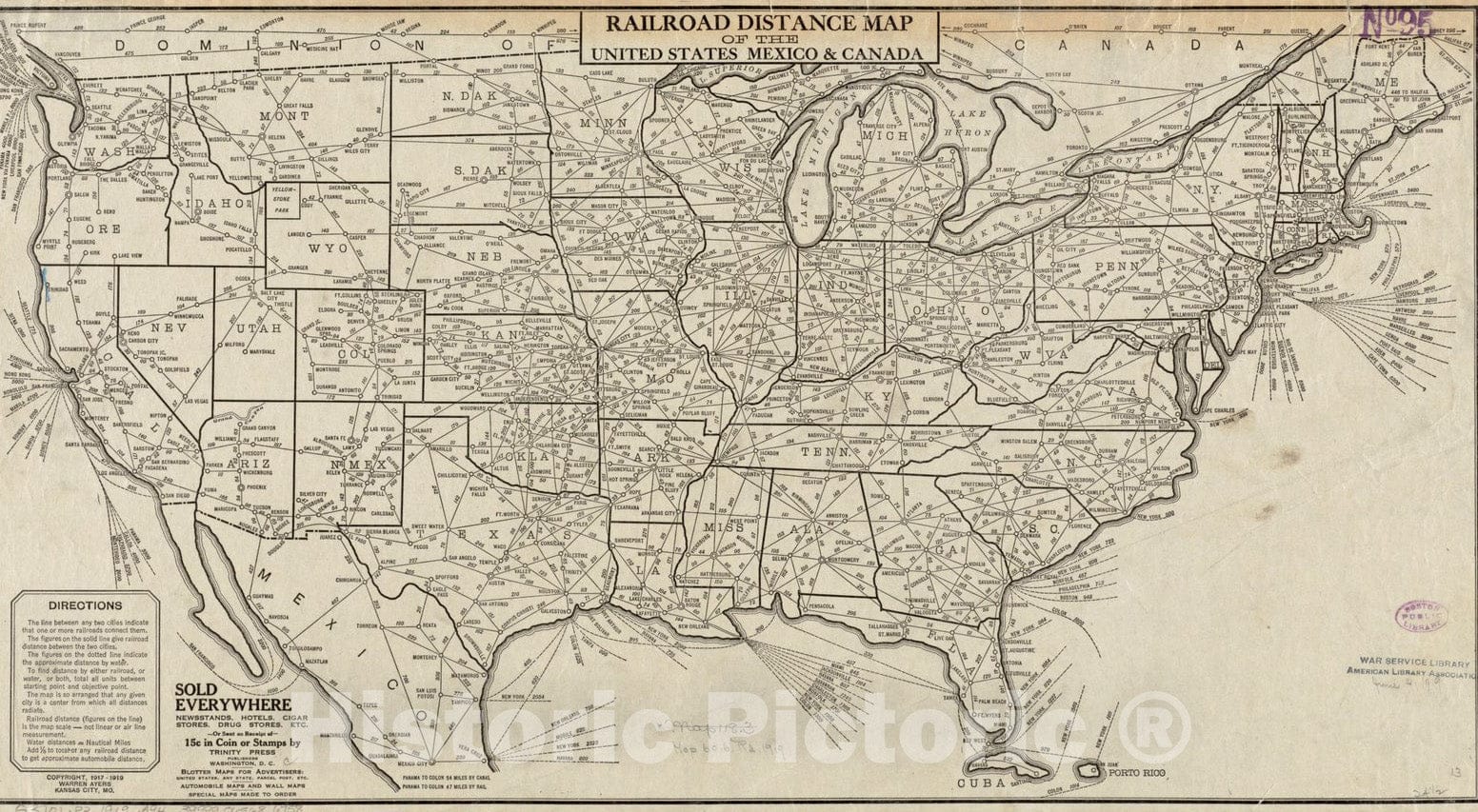 Historical Map, ca. 1917-1919 Railroad Distance map of The United States, Mexico & Canada, Vintage Wall Art