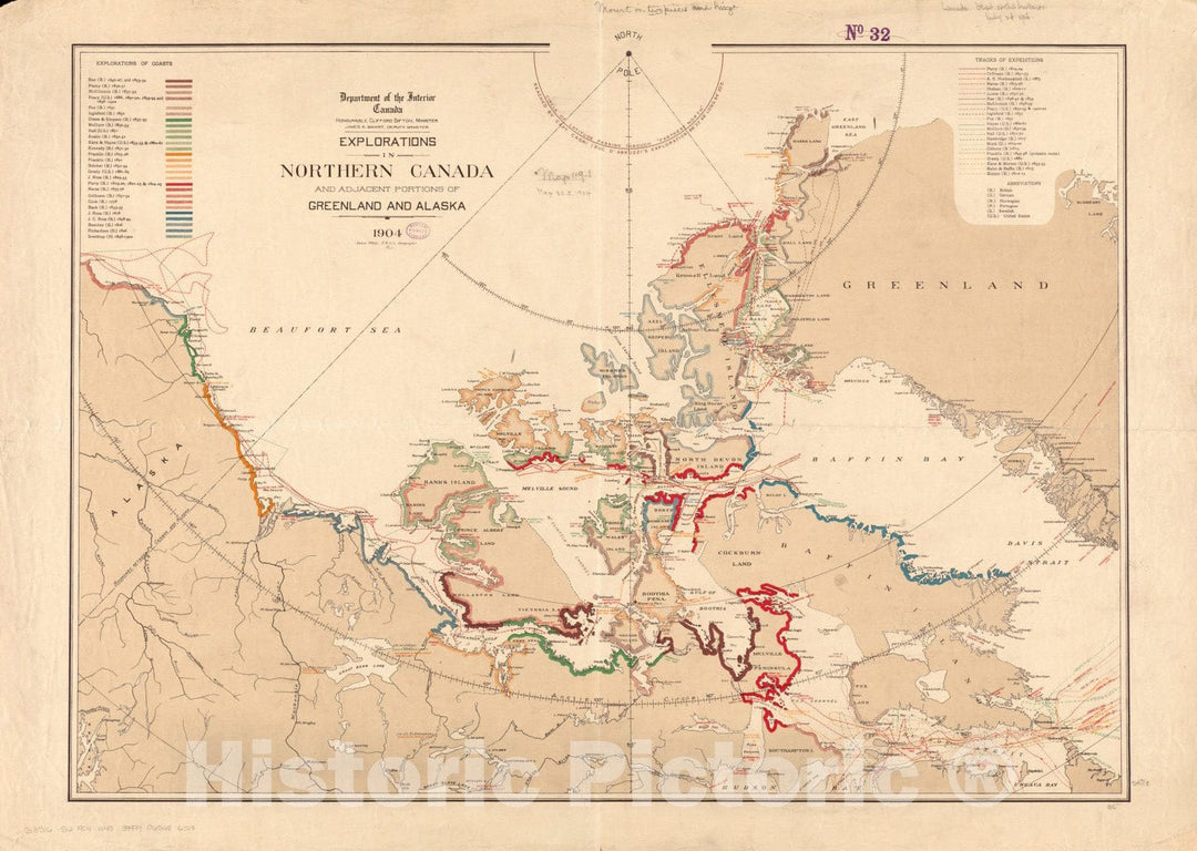 Historical Map, Explorations in Northern Canada and Adjacent portions of Greenland and Alaska, 1904, Vintage Wall Art