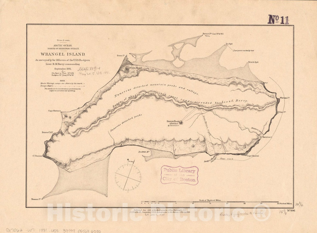 Historical Map, 1881 Arctic Ocean, North of Behrings Strait : Wrangel Island, as surveyed by The Officers of The U.S.S. Rodgers, Lieut. R.M. Berry Commanding, Vintage Wall Art