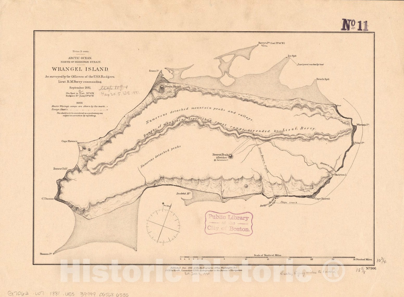 Historical Map, 1881 Arctic Ocean, North of Behrings Strait : Wrangel Island, as surveyed by The Officers of The U.S.S. Rodgers, Lieut. R.M. Berry Commanding, Vintage Wall Art