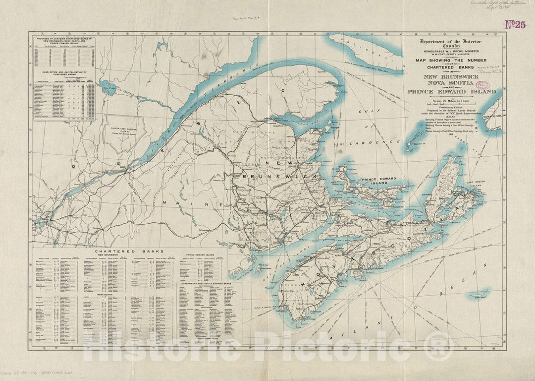 Historical Map, 1914 Map Showing The Number of Chartered Banks in New Brunswick, Nova Scotia, and Prince Edward Island, Vintage Wall Art