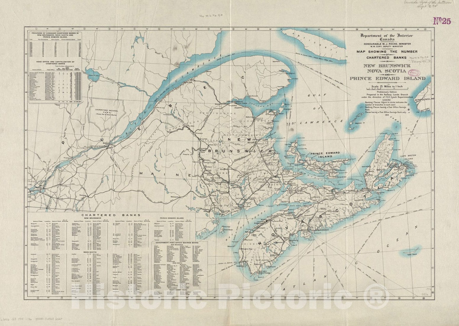 Historical Map, 1914 Map Showing The Number of Chartered Banks in New Brunswick, Nova Scotia, and Prince Edward Island, Vintage Wall Art