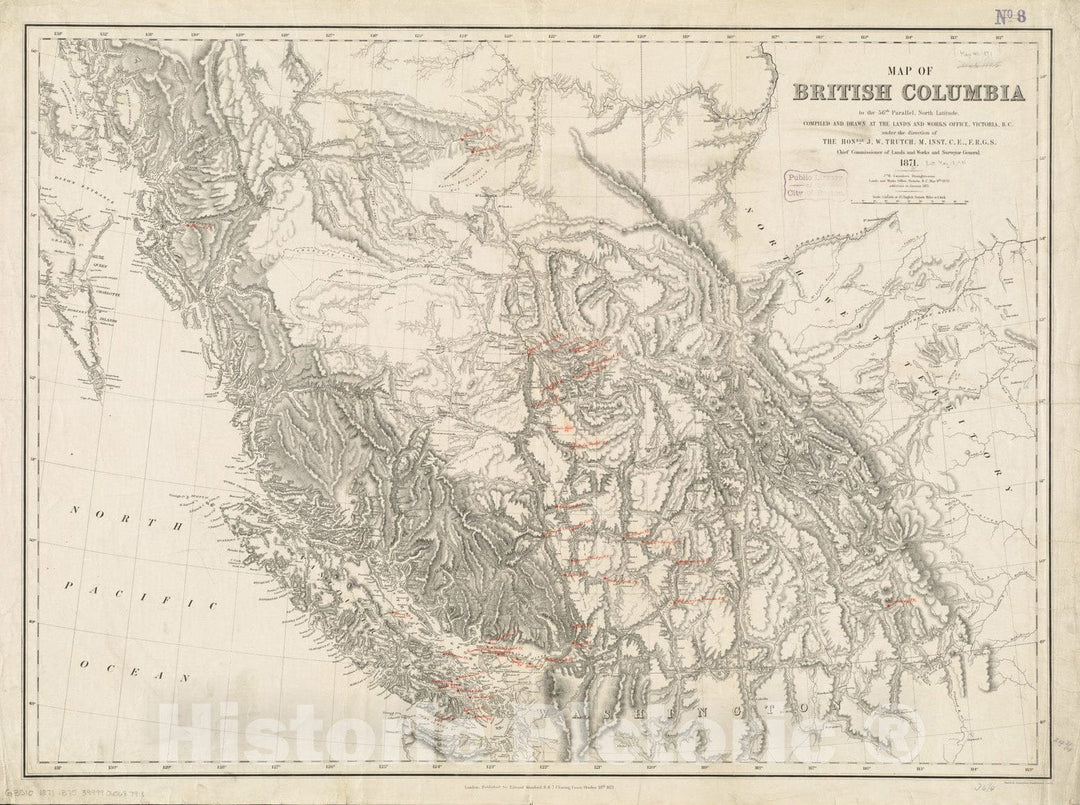 Historical Map, 1871 Map of British Columbia to the 56th parallel, north latitude, Vintage Wall Art