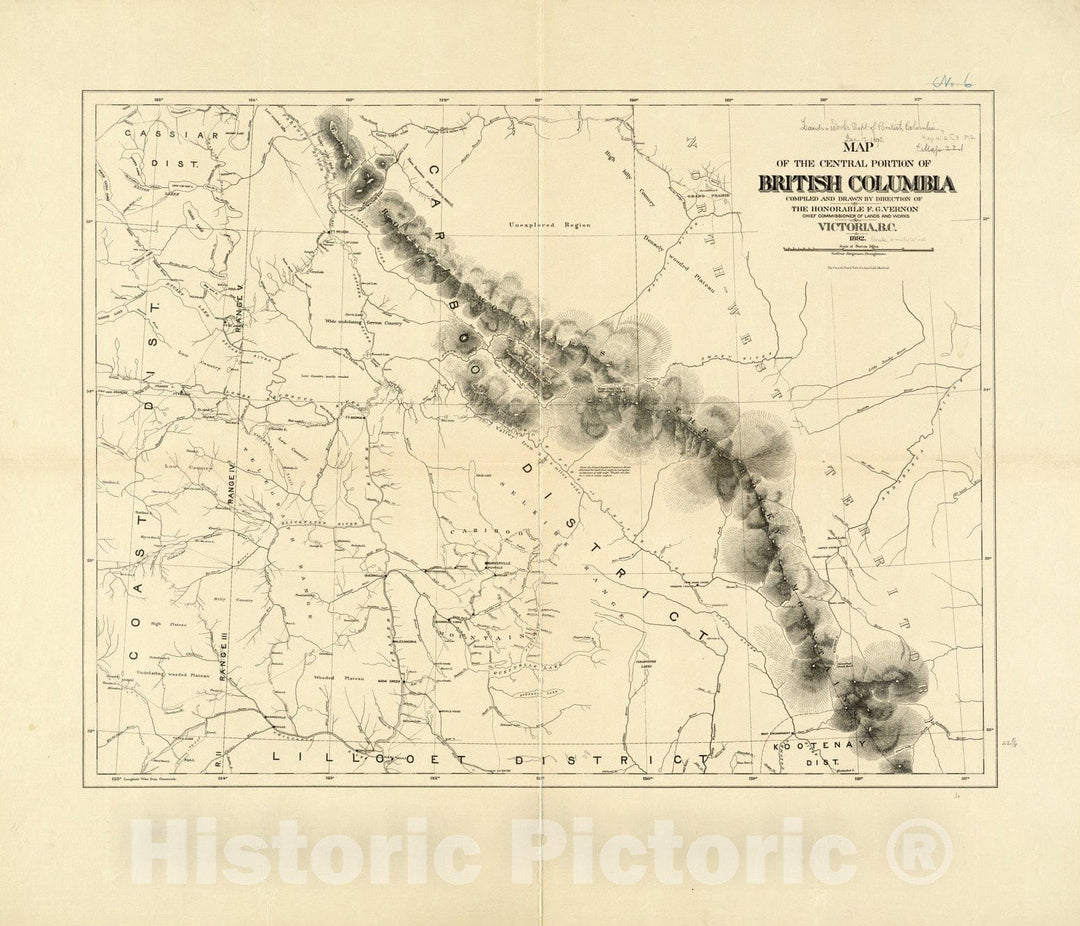 Historical Map, 1892 Map of The Central Portion of British Columbia, Vintage Wall Art