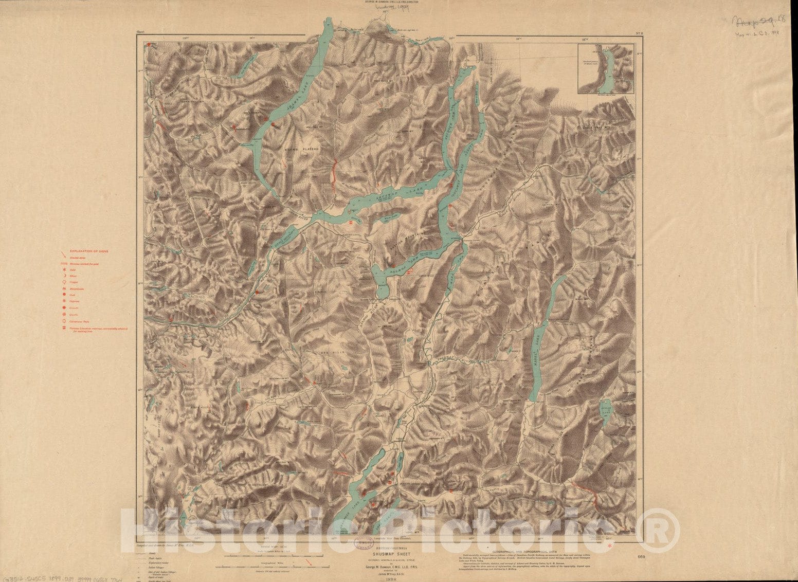 Historical Map, 1899 British Columbia, Shuswap Sheet : Economic Minerals and Glacial Striae, Vintage Wall Art