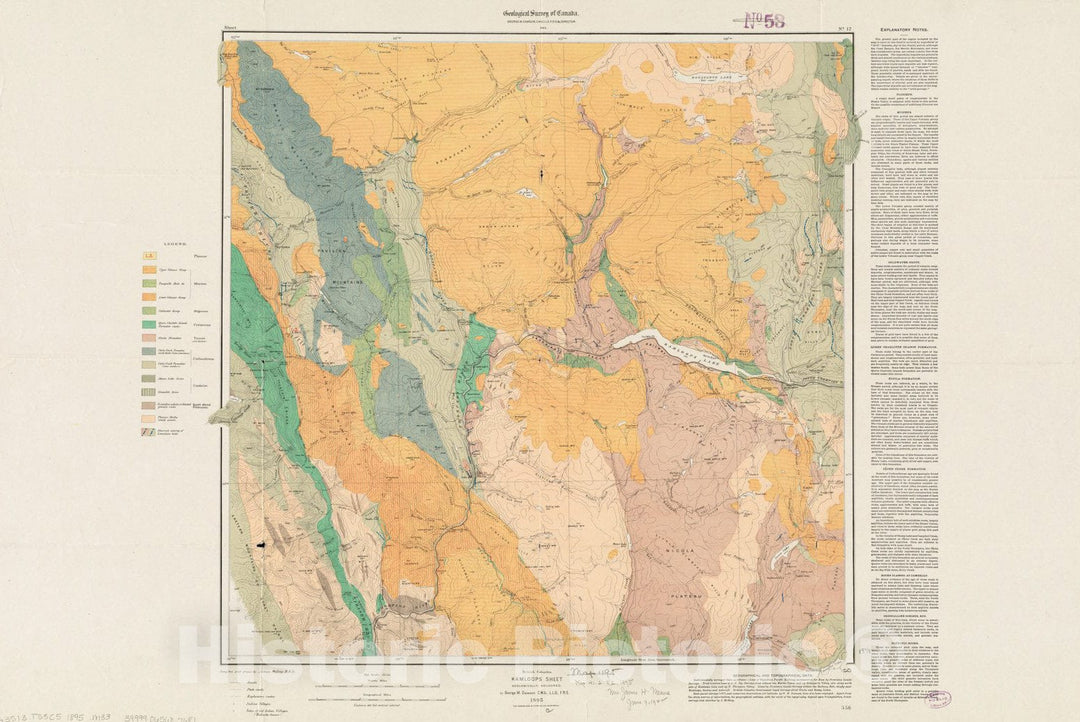 Historical Map, 1895 British Columbia : Kamloops Sheet, geologically Coloured, Vintage Wall Art