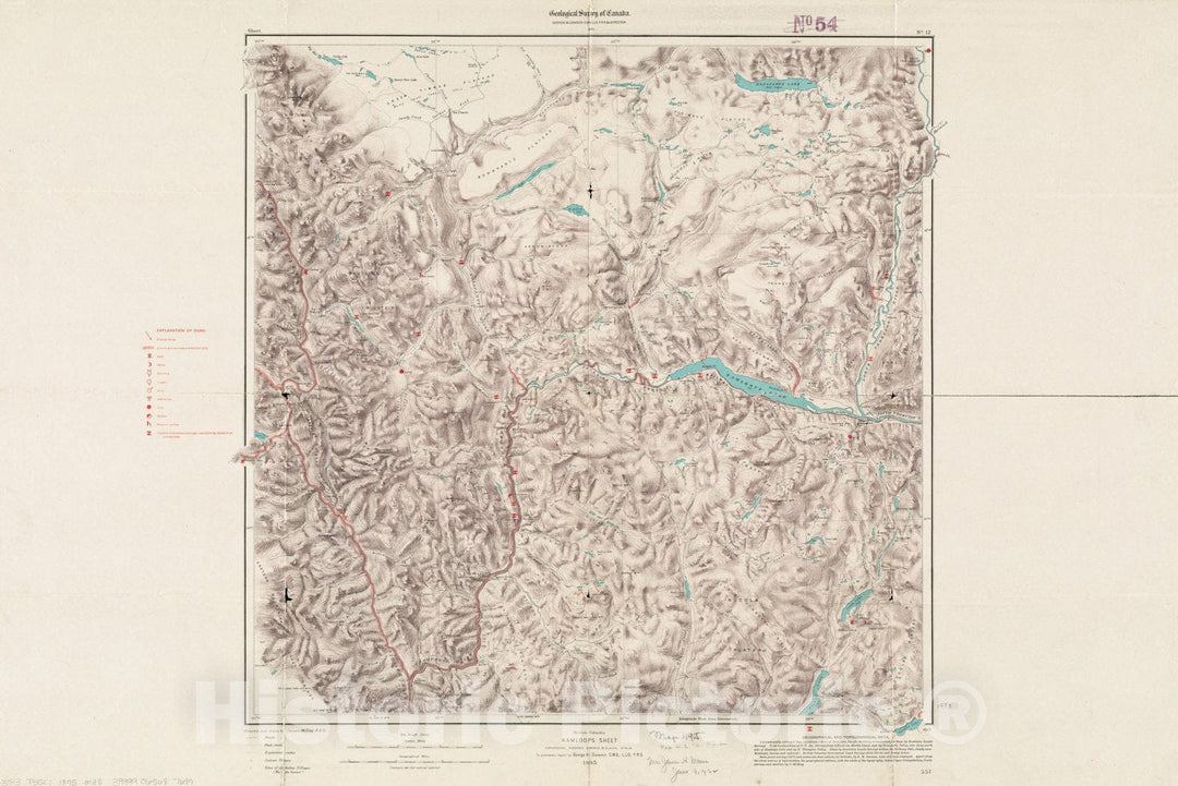 Historical Map, 1895 British Columbia : Kamloops sheet, topography, economic minerals, glacial striae, Vintage Wall Art