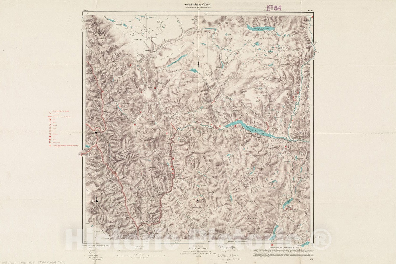 Historical Map, 1895 British Columbia : Kamloops sheet, topography, economic minerals, glacial striae, Vintage Wall Art