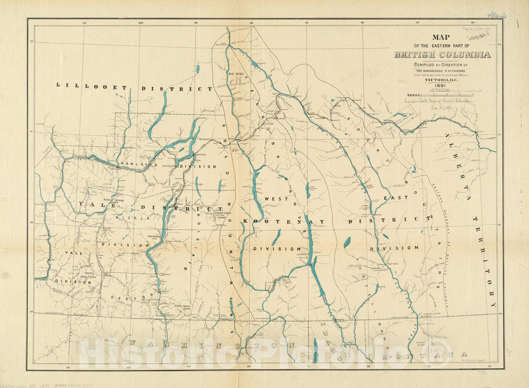 Historical Map, 1891 Map of The Eastern Part of British Columbia, Vintage Wall Art