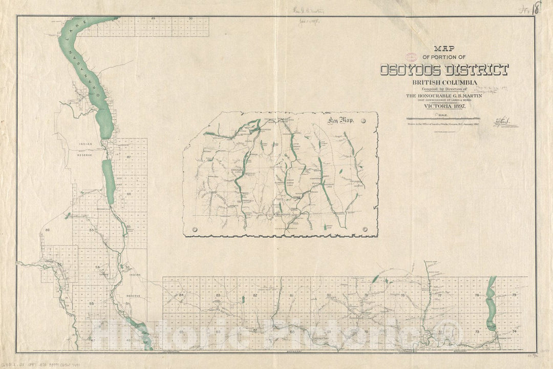 Historical Map, 1897 Map of Portion of Osoyoos District, British Columbia, Vintage Wall Art