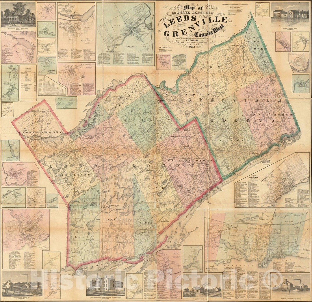 Historical Map, 1861 Map of The United Counties of Leeds and Grenville, Canada West, Vintage Wall Art