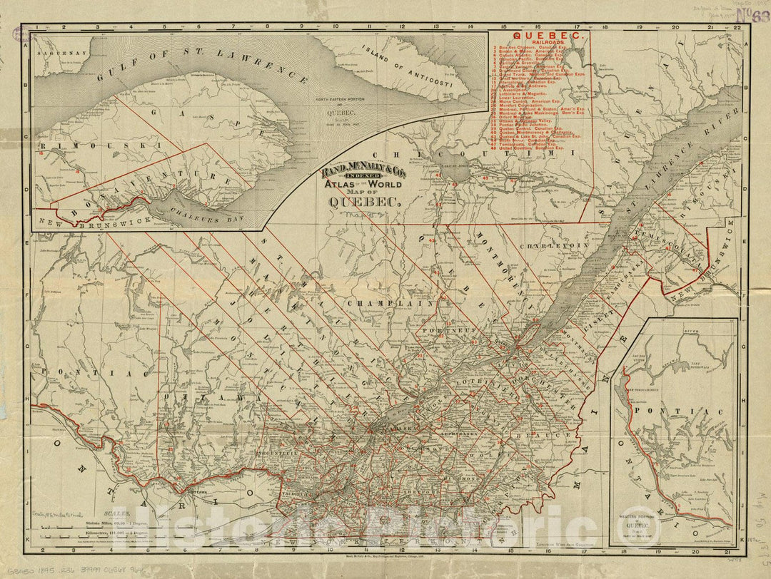 Historical Map, 1895 Rand, McNally & Co.'s indexed Atlas of The World map of Quebec, Vintage Wall Art