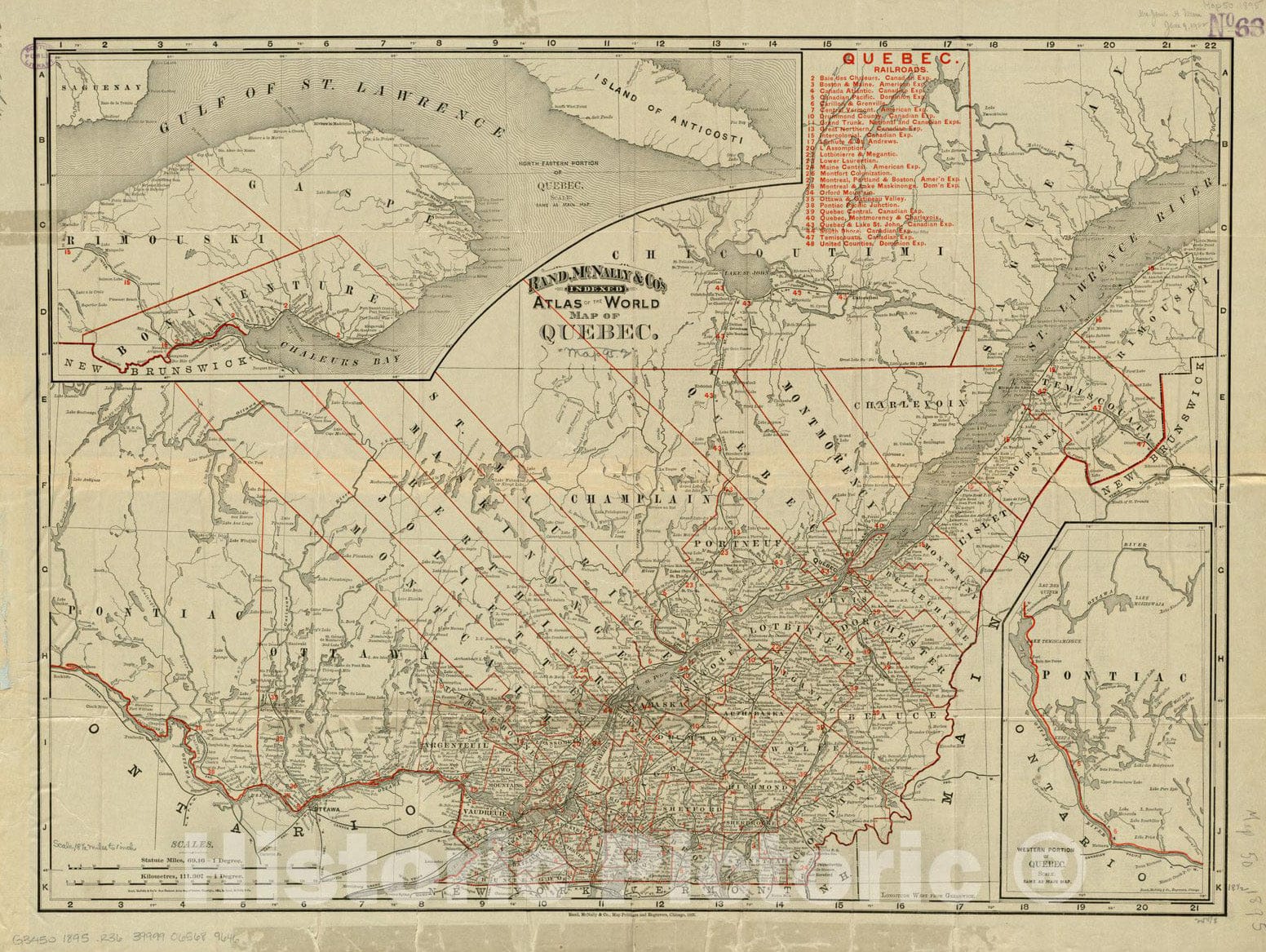 Historical Map, 1895 Rand, McNally & Co.'s indexed Atlas of The World map of Quebec, Vintage Wall Art