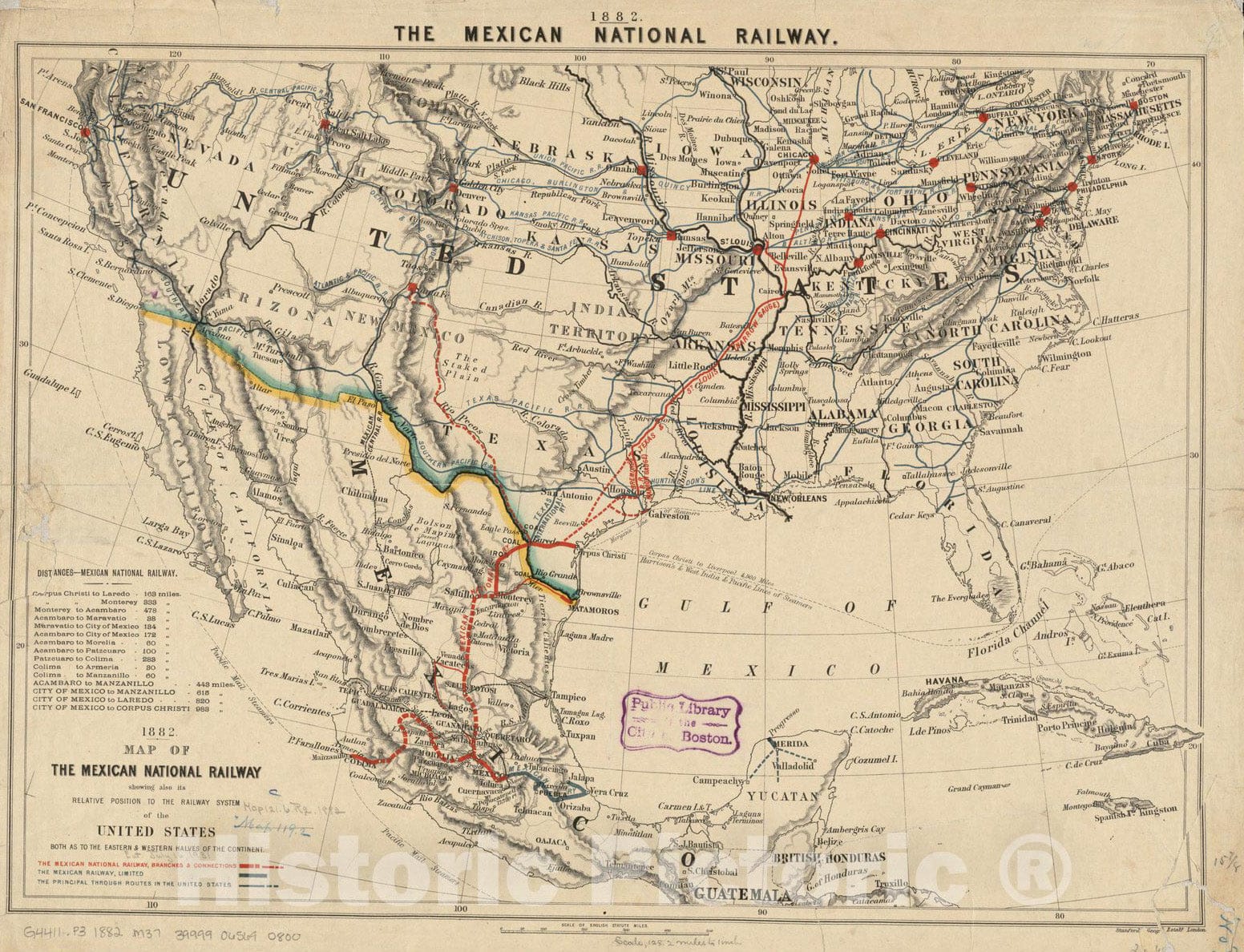 Historical Map, 1882 Map of The Mexican National Railway : Showing Also its Relative Position to The Railway System of The United States, Both as to The Eastern & Western, Vintage Wall Art