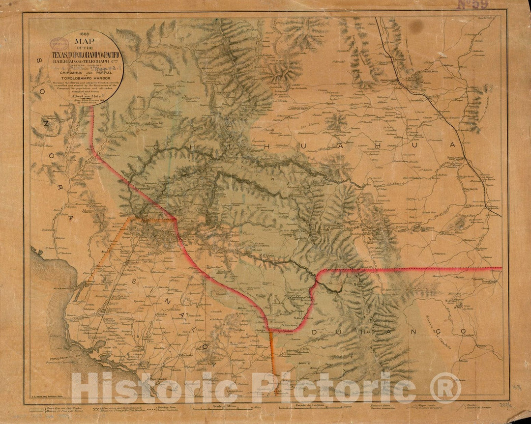 Historical Map, 1883 Map of The Texas, Topolobampo and Pacific Railroad and Telegraph Cpy. (Western Division) : from Chihuahua and Parral to Topolobampo Harbor, Vintage Wall Art