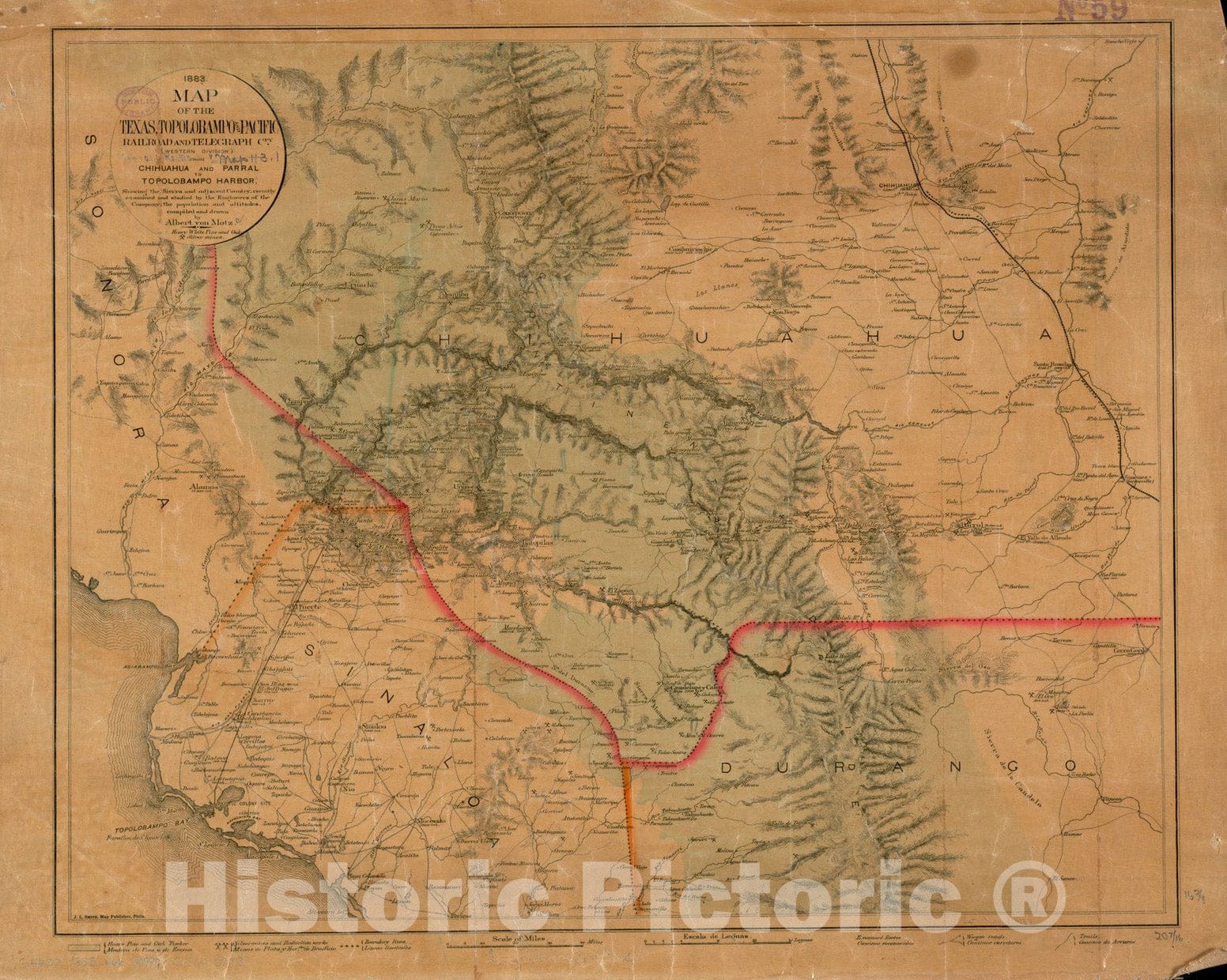 Historical Map, 1883 Map of The Texas, Topolobampo and Pacific Railroad and Telegraph Cpy. (Western Division) : from Chihuahua and Parral to Topolobampo Harbor, Vintage Wall Art