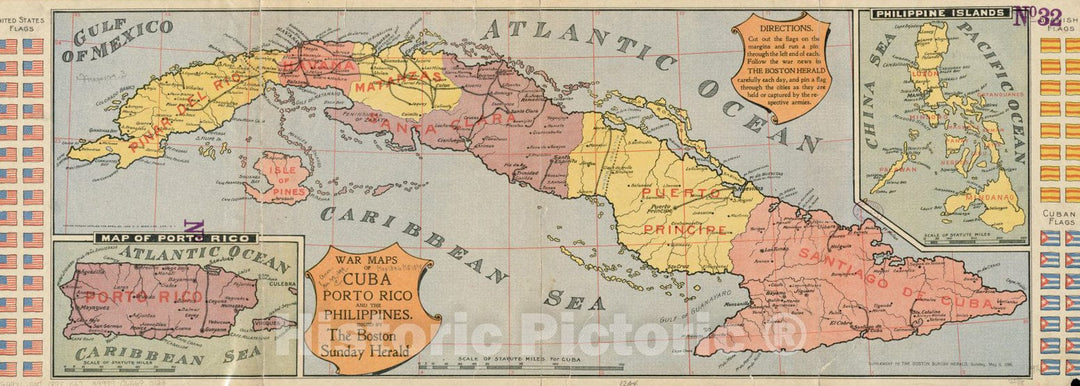 Historical Map, 1898 War maps of Cuba, Porto Rico, and The Philippines, Vintage Wall Art