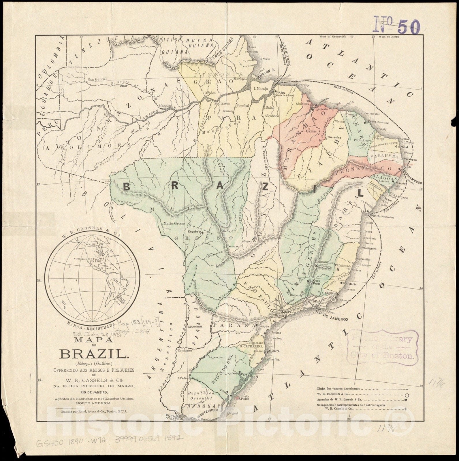 Historical Map, 1890-1899 Mapa do Brazil : (esboco) (outline), Vintage Wall Art