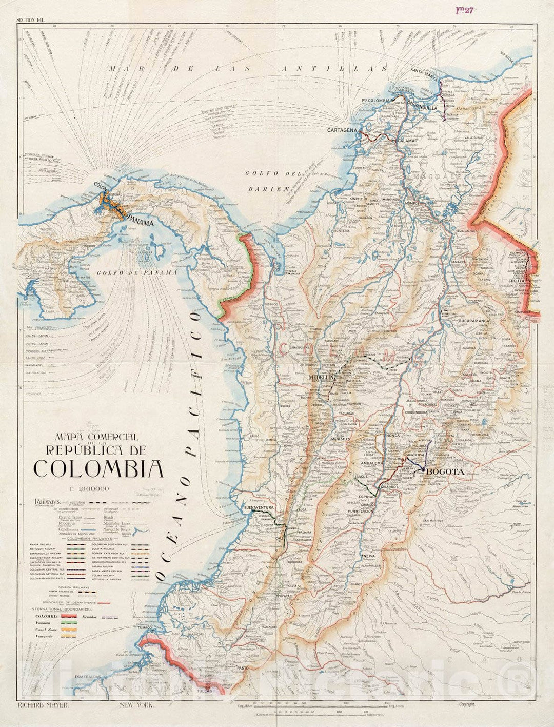 Historical Map, 1917 Mapa comercial de la RepuIblica de Colombia, Vintage Wall Art