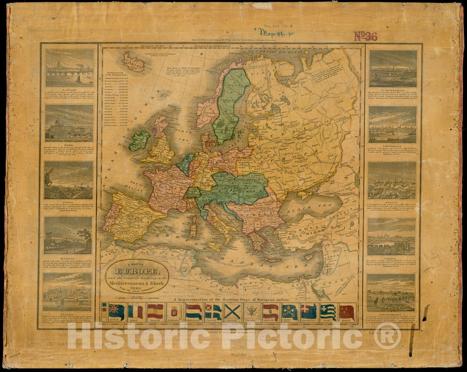 Historical Map, 1831-1830 A map of Europe, and The Countries bordering on The Mediterranean & Black Seas, from The Latest Authorities, Vintage Wall Art