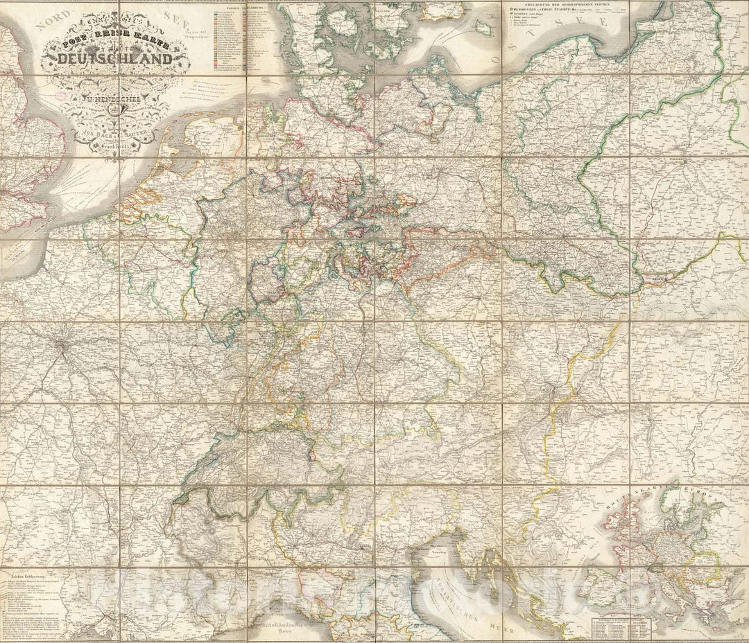 Historical Map, 1840-1849 Carl JuIË†gel's Post u. Reise karte von Deutschland und den nachbar staaten, bis London, Paris, Montpellier, Florenz, Warschau, Kopenhagen, Vintage Wall Art