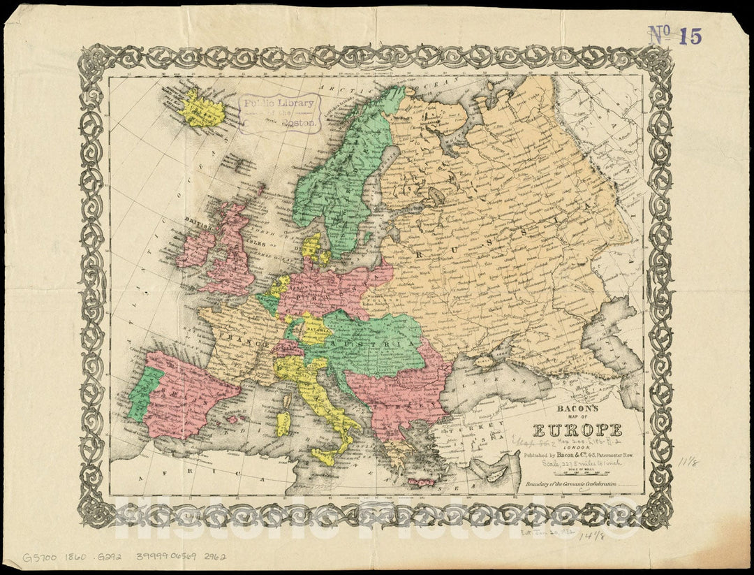 Historical Map, 1860-1869 Bacon's map of Europe, Vintage Wall Art