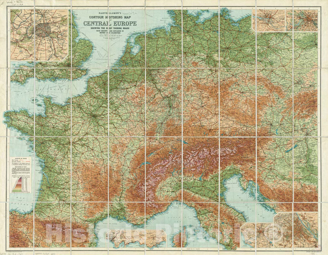 Historical Map, 1913 Bartholomew's contour motoring map of Central Europe showing the best touring roads with heights and distances in metres and kilometres, Vintage Wall Art