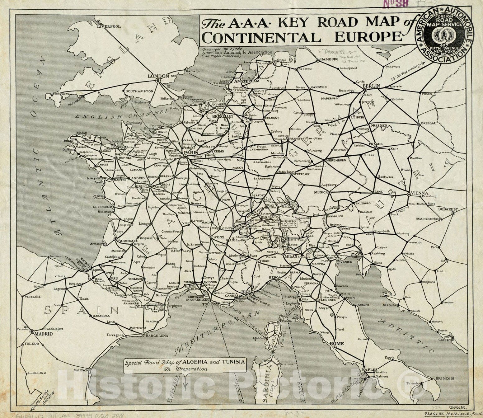 Historical Map, 1911 The A.A.A. key road map of continental Europe, Vintage Wall Art