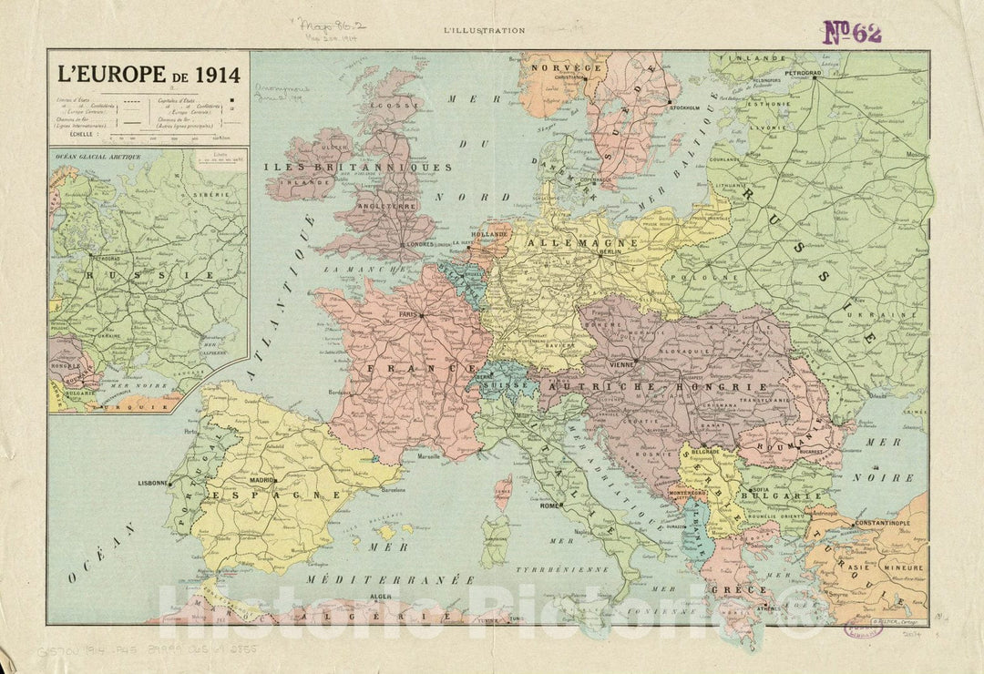 Historical Map, L'Europe de 1914, Vintage Wall Art