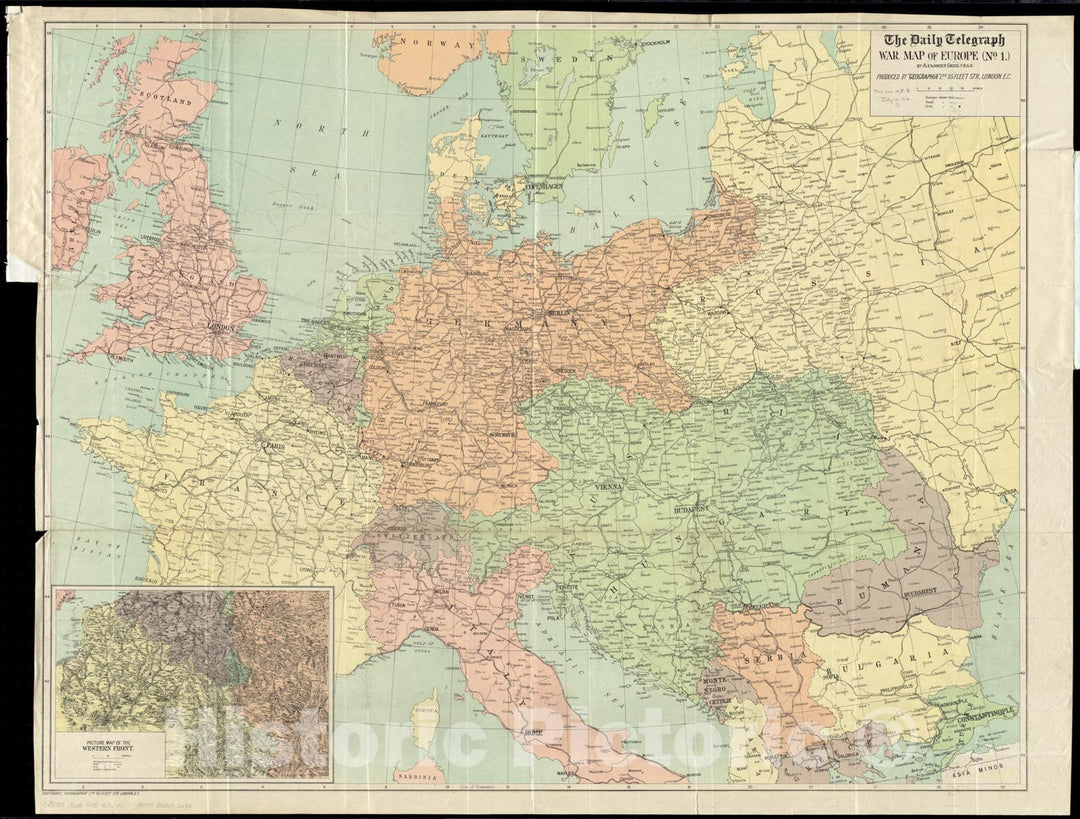 Historical Map, 1915 The Daily Telegraph war map of Europe (no. 1), Vintage Wall Art