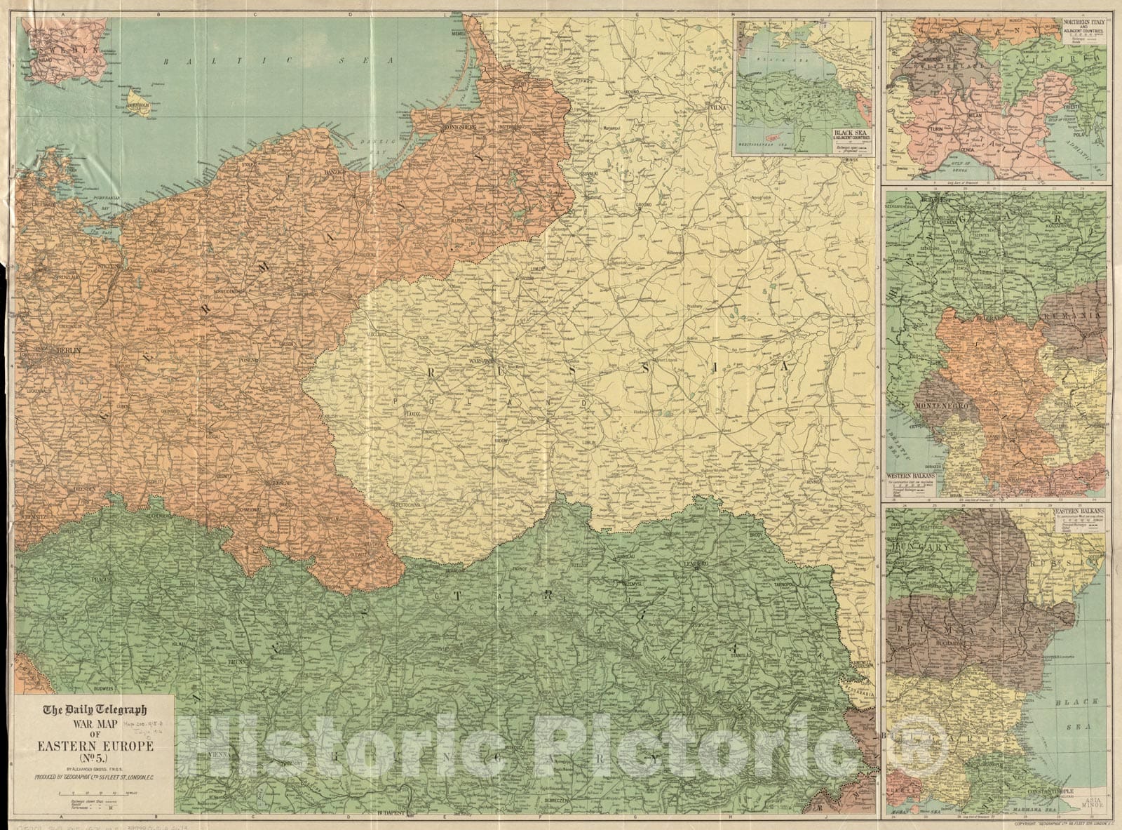 Historical Map, 1916 The Daily Telegraph war map of Eastern Europe (no. 5), Vintage Wall Art