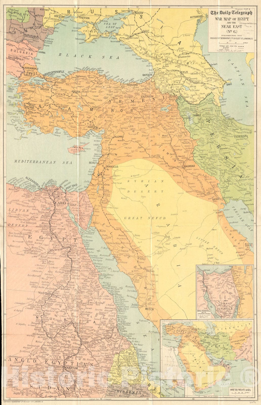 Historical Map, 1916 The Daily Telegraph war map of Egypt and The Near East (No. 6), Vintage Wall Art