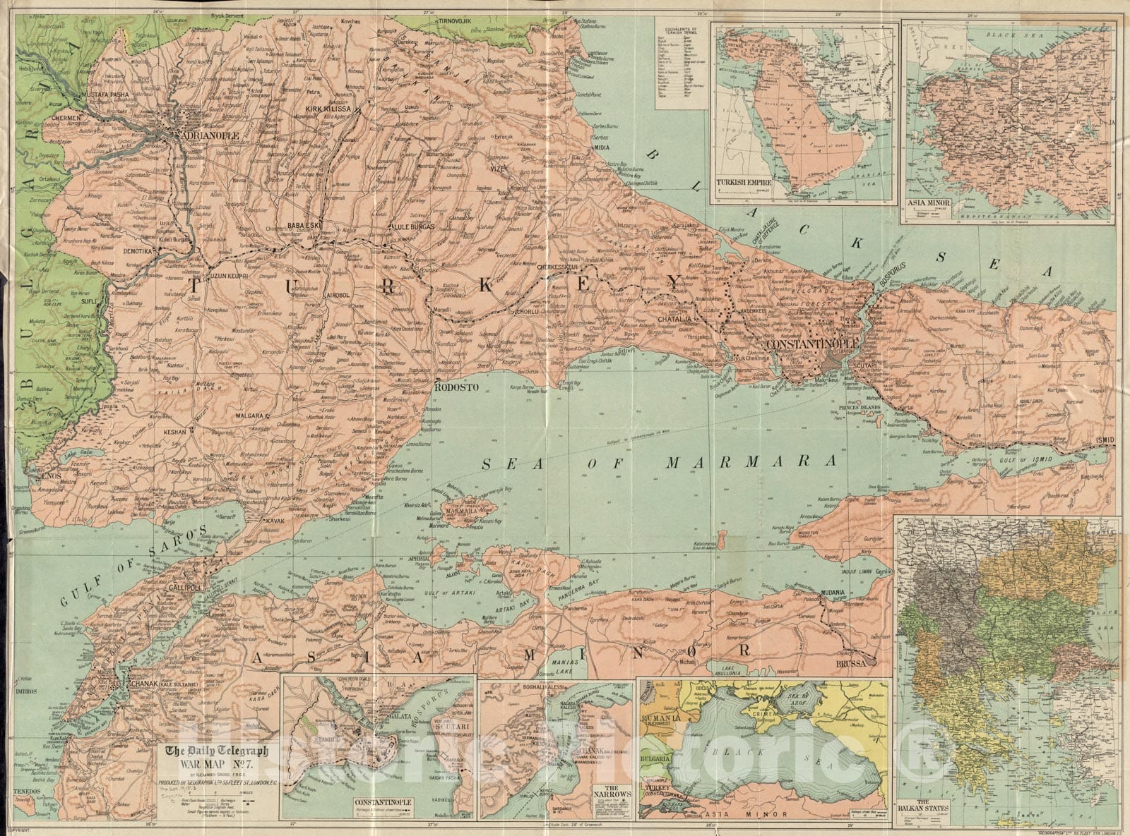 Historical Map, 1915 The Daily Telegraph war map no. 7, Vintage Wall Art