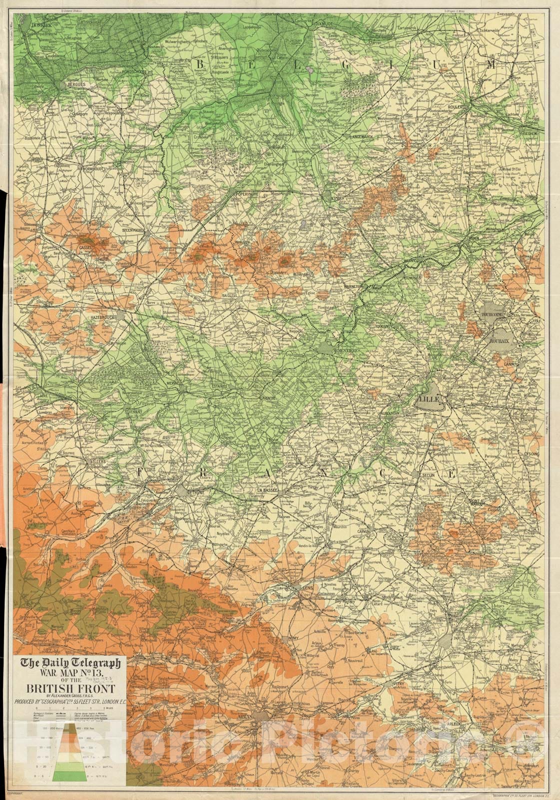 Historical Map, 1916 The Daily Telegraph war map no. 13 of The British Front, Vintage Wall Art