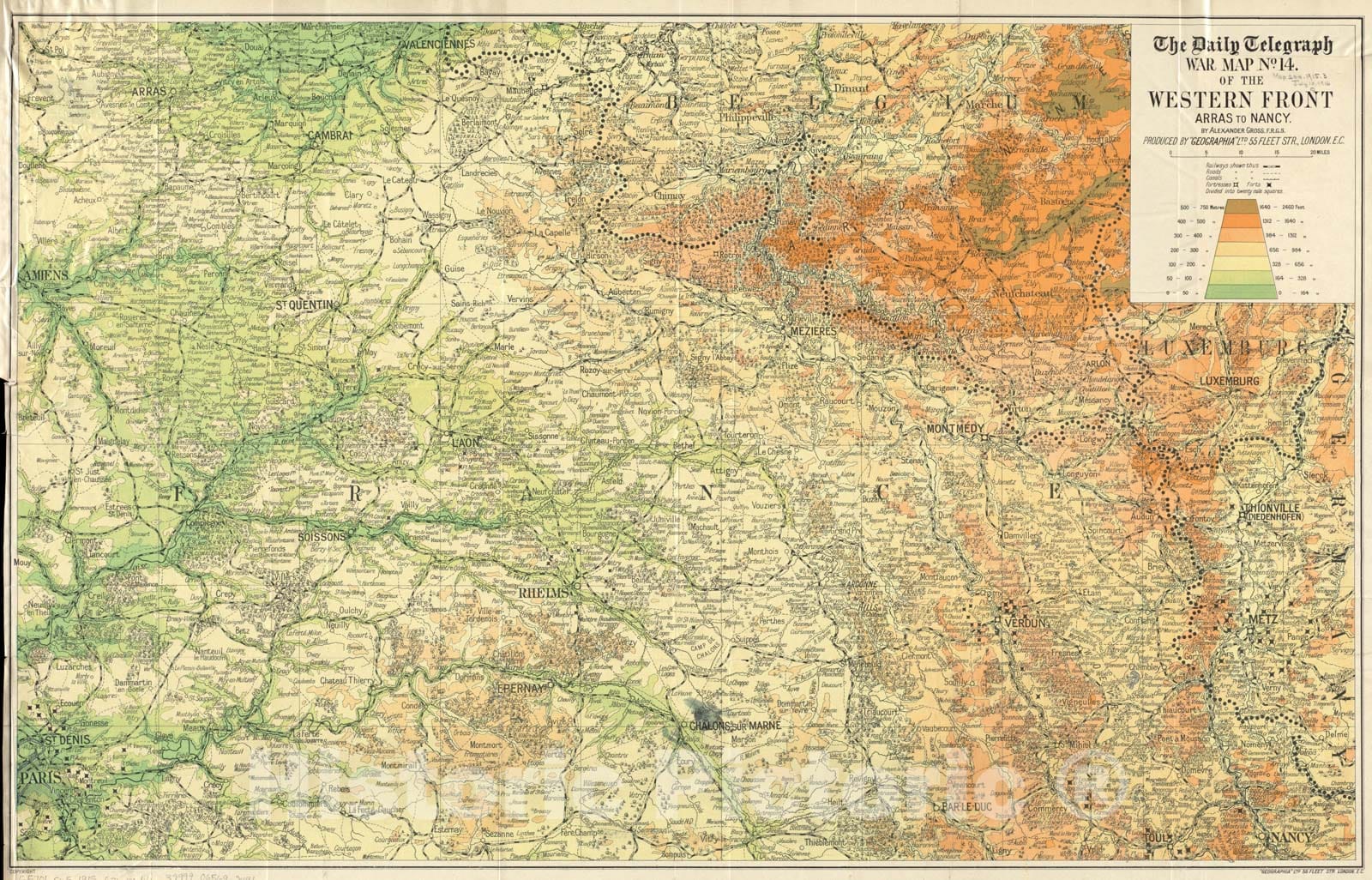 Historical Map, 1916 The Daily Telegraph war map no. 14 : of The Western Front, Arras to Nancy, Vintage Wall Art