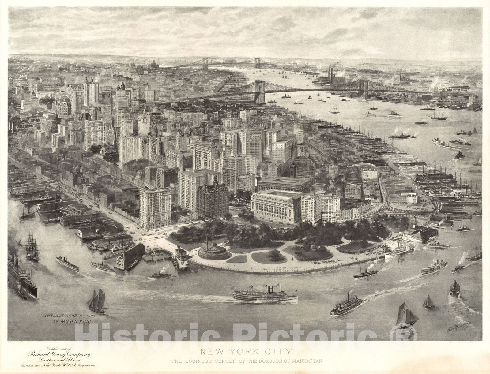 Historical Map, 1905 New York City : the business center of the borough of Manhattan, Vintage Wall Art