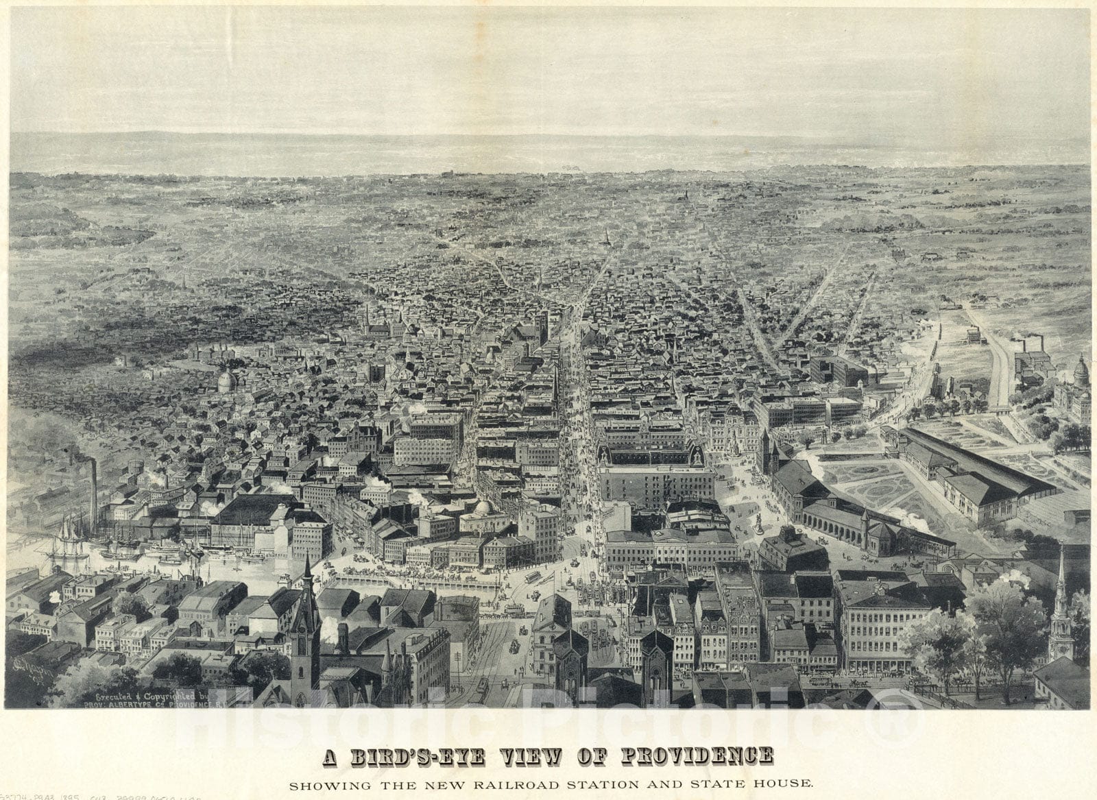 Historical Map, 1895 A Bird's-Eye View of Providence : Showing The New Railroad Station and State House, Vintage Wall Art