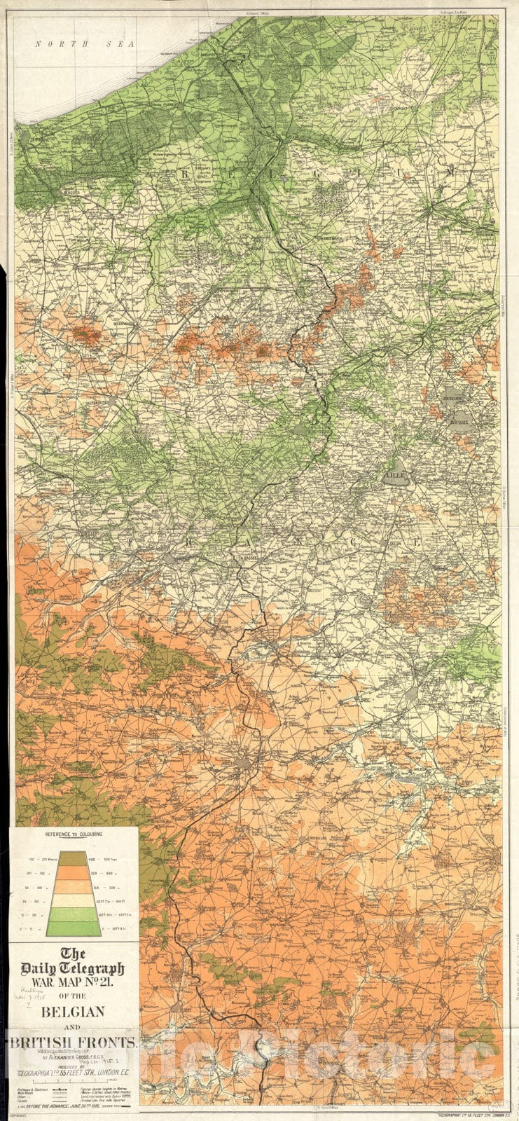 Historical Map, 1916 The Daily Telegraph war map no. 21 : of The Belgian and British Fronts, Vintage Wall Art