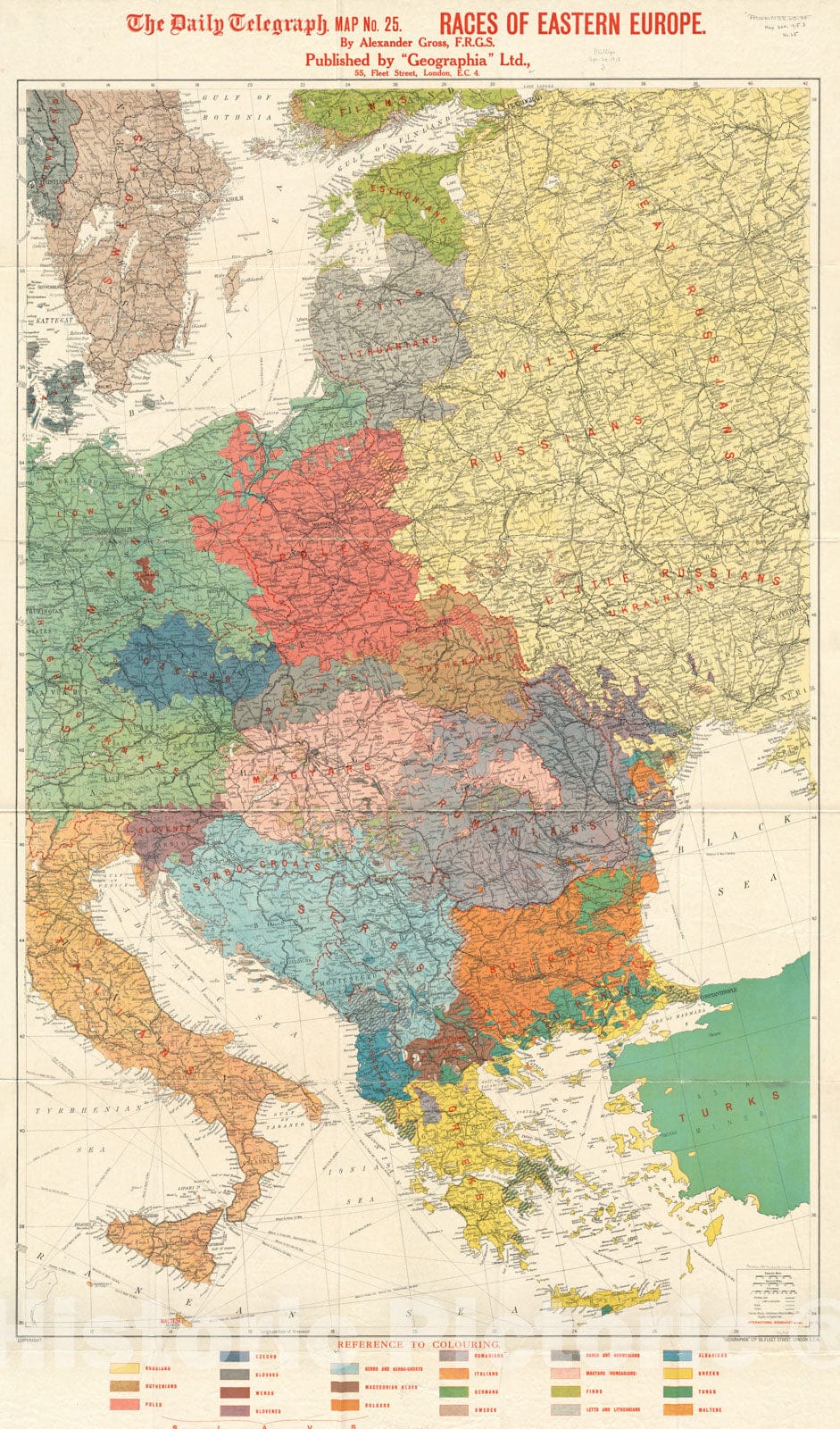 Historical Map, 1918 The Daily Telegraph map no. 25 : Races of Eastern Europe, Vintage Wall Art