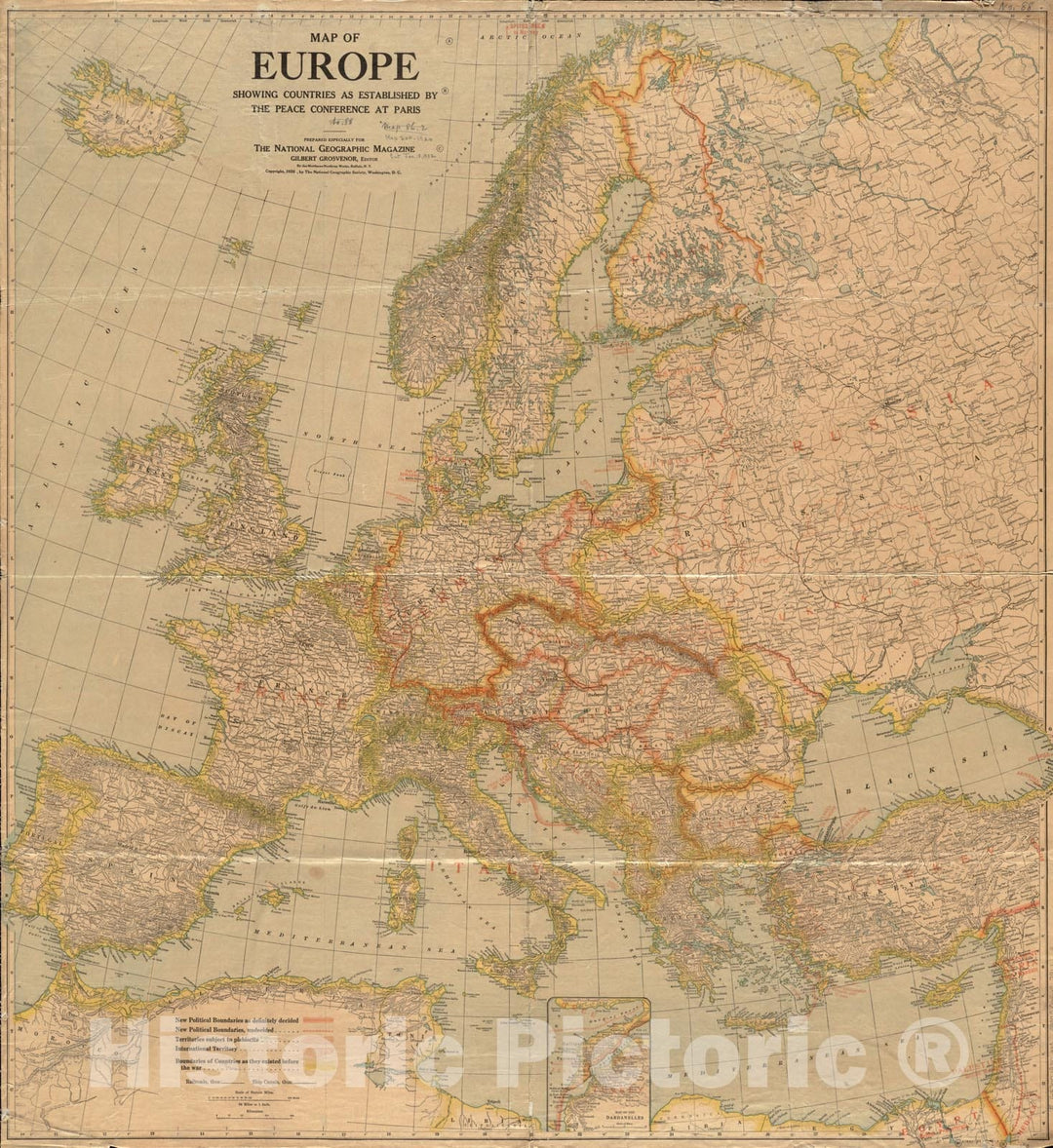 Historical Map, 1920 Map of Europe Showing Countries as Established by The Peace Conference at Paris, Vintage Wall Art