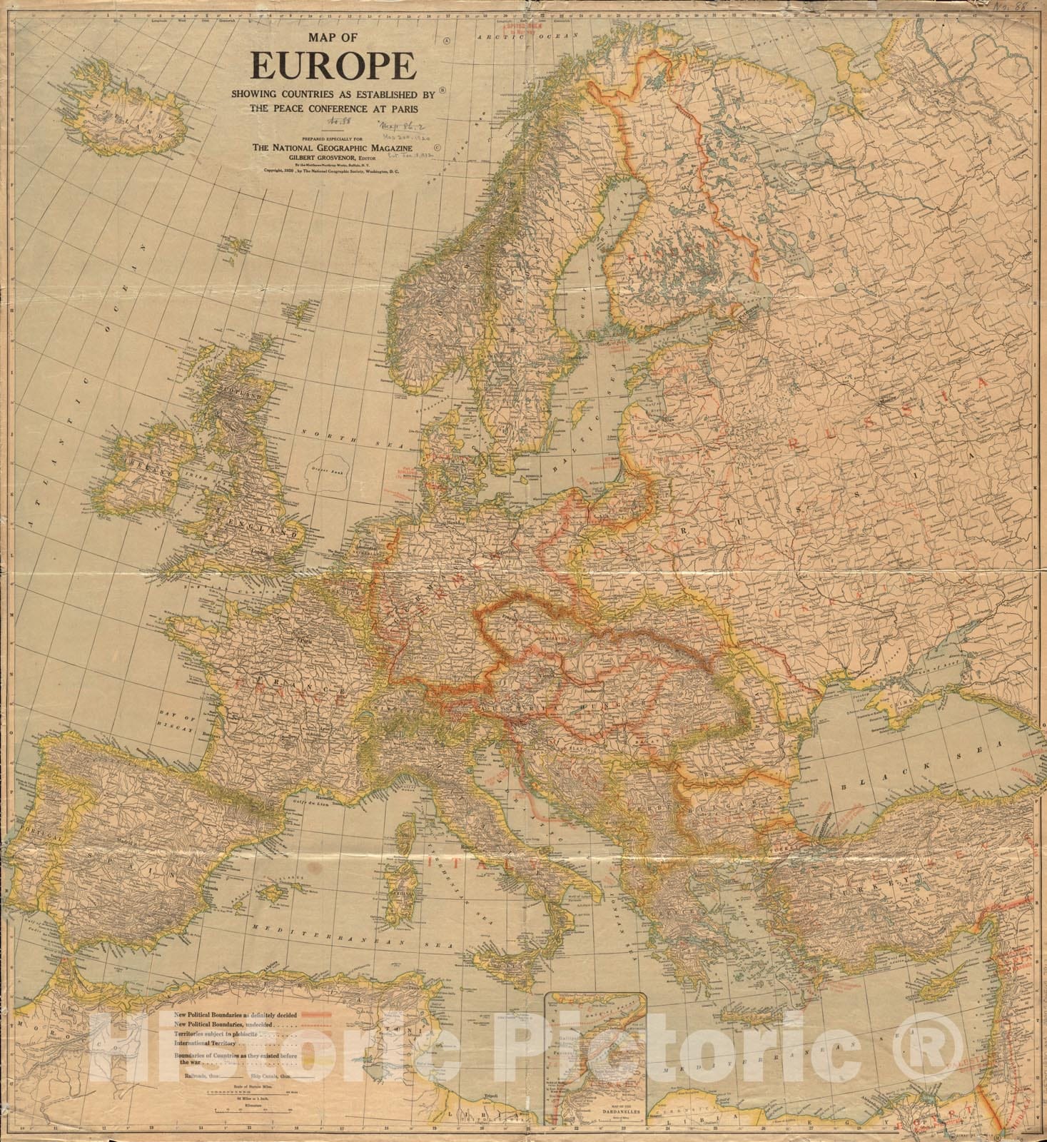 Historical Map, 1920 Map of Europe Showing Countries as Established by The Peace Conference at Paris, Vintage Wall Art