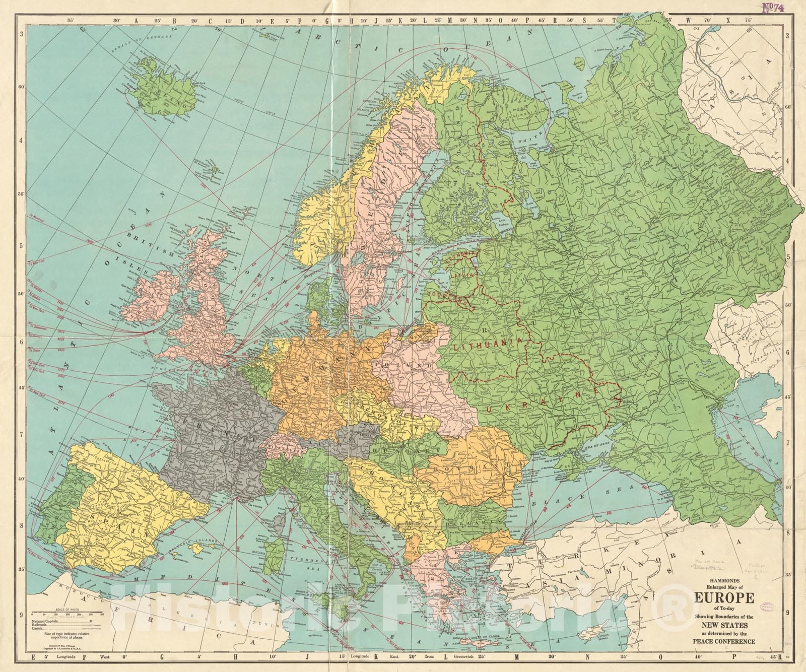 Historical Map, 1920 Hammond's Enlarged map of Europe of to-Day Showing Boundaries of The New States as Determined by The Peace Conference, Vintage Wall Art