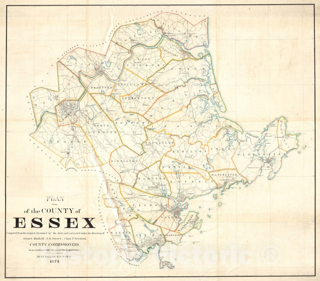 Historical Map, Plan of the county of Essex : compiled from the original furnished by the state and corrected under the direction of James Kimball, J.B. Sweet, Vintage Wall Art