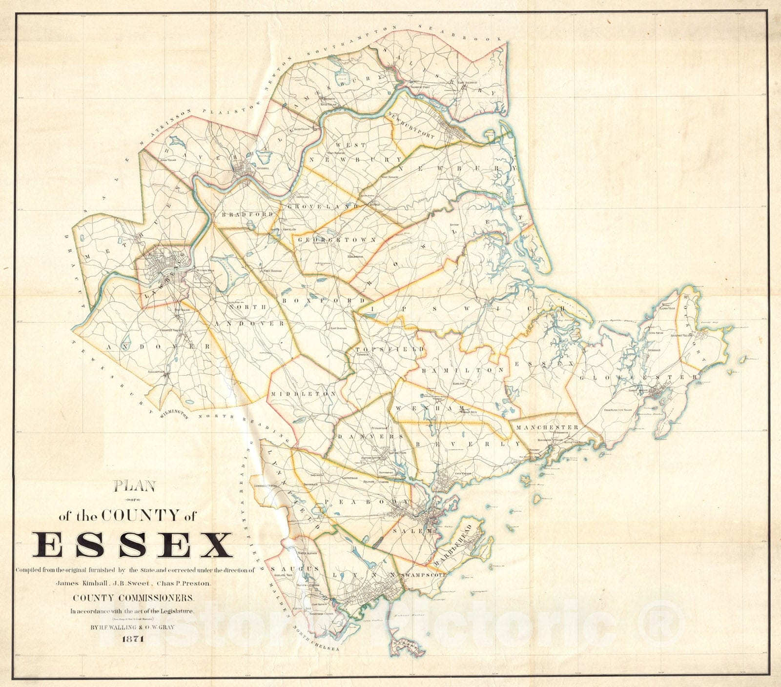 Historical Map, Plan of the county of Essex : compiled from the original furnished by the state and corrected under the direction of James Kimball, J.B. Sweet, Vintage Wall Art